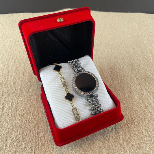 Silver-Tone Crystal Watch and Bracelet Set